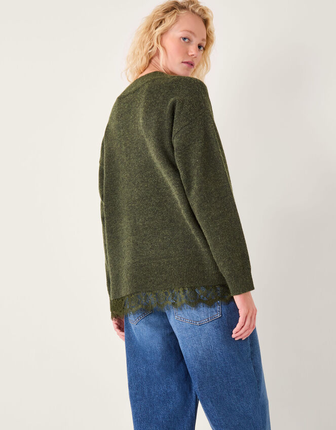Leanne Lace V-Neck Jumper, Green (KHAKI), large