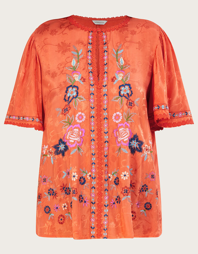 Odelia Embroidered Floral Top in Sustainable Viscose, Orange (ORANGE), large