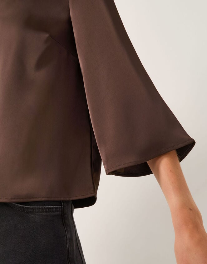 Ingrid Bell Sleeve Satin Blouse, Brown (CHOCOLATE), large