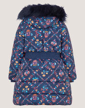 Floral Print Bow Puffer Coat, Blue (NAVY), large