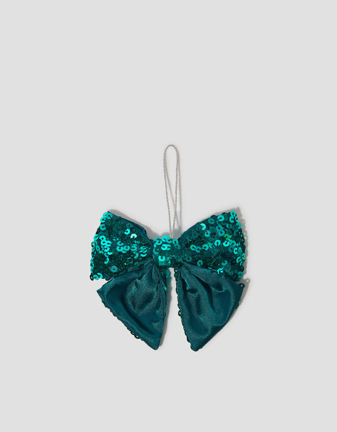 Sequin Bow Christmas Tree Decoration, Teal (TEAL), large