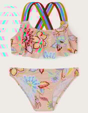 Floral Print Frill Bikini Set, Orange (CORAL), large