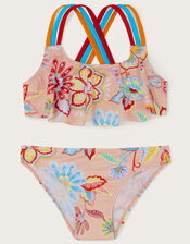 Floral Print Frill Bikini Set, Orange (CORAL), large