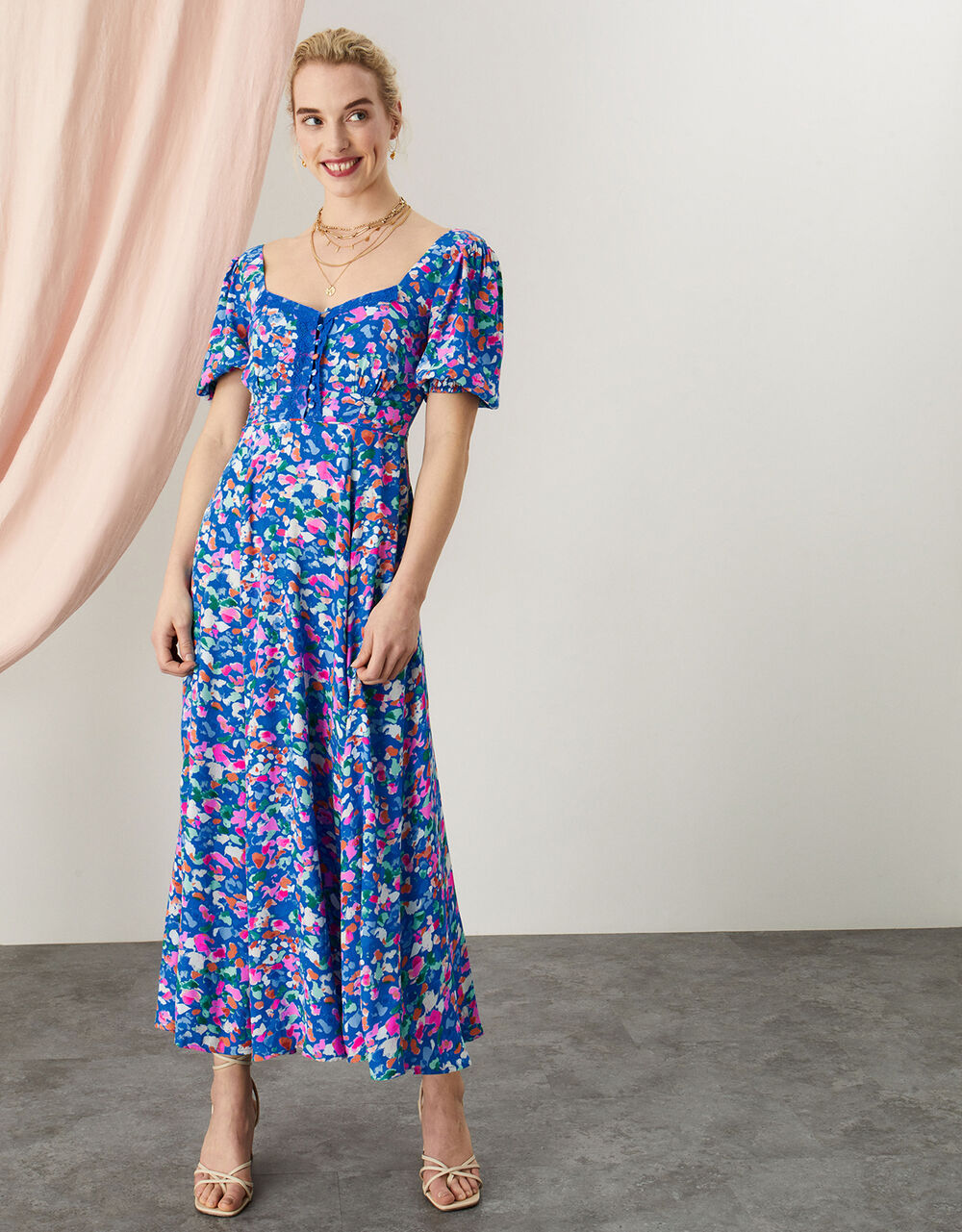 Women Dresses | Mica Printed Midi Dress in Sustainable Viscose Blue - PI18905