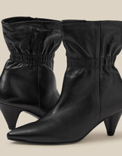 Fia Ruched Leather Kitten Heel Boots, Black (BLACK), large