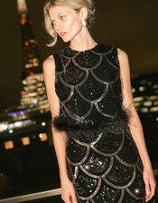 Sira Sleeveless Sequin Feather Top, Black (BLACK), large