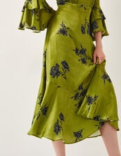 Pelia Satin Ruffle Midi Dress, Green (CHARTREUSE), large