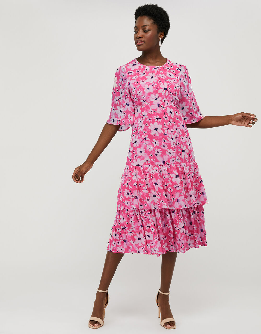 Daisy Print Tiered Midi Dress Pink | Evening Dresses | Monsoon UK.