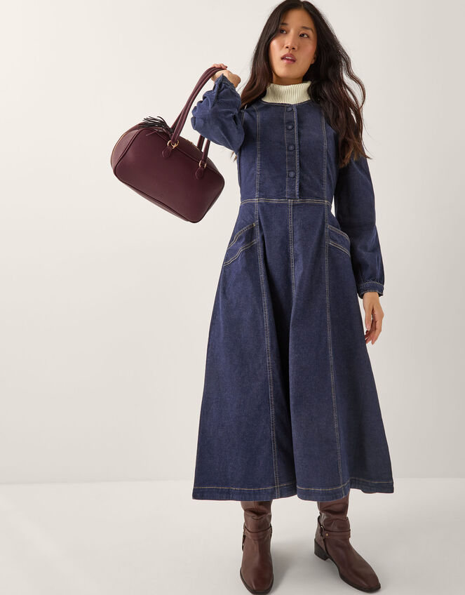 Vivian Button Denim Midi Dress, Blue (INDIGO), large