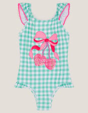 Sequin Cherry Gingham Swimsuit, Green (GREEN), large