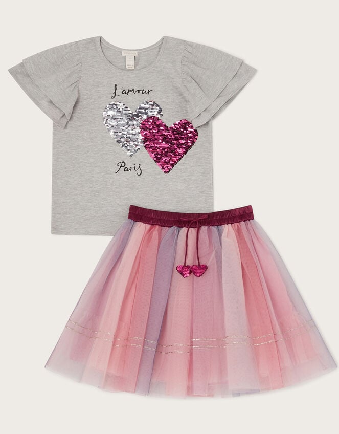 L'Amour Paris T-Shirt and Tulle Skirt Set, Grey (GREY), large