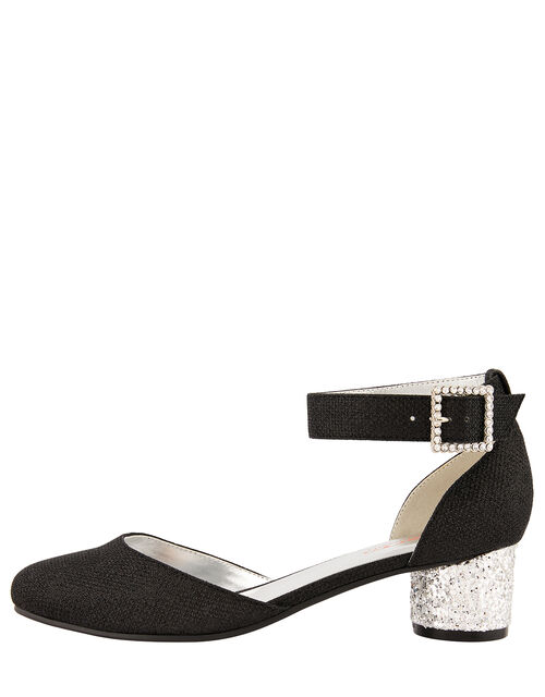 Diamante Buckle Glitter Heels, Black (BLACK), large