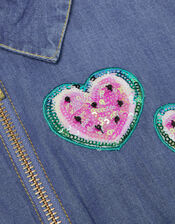Watermelon Badge Denim Zip Front Playsuit, Blue (BLUE), large