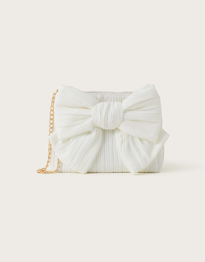 Pleated Bow Clutch Bag, Ivory (IVORY), large