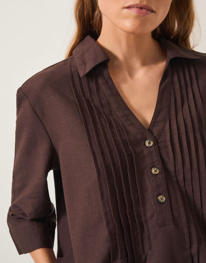 Elsie Pintuck Shirt, Brown (CHOCOLATE), large