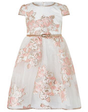Vanda Organza Jacquard Dress with Glitter Belt, Orange (PEACH), large