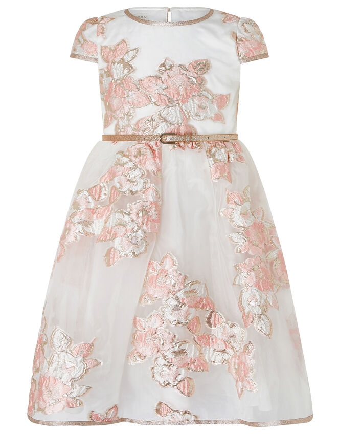 Vanda Organza Jacquard Dress with Glitter Belt, Orange (PEACH), large