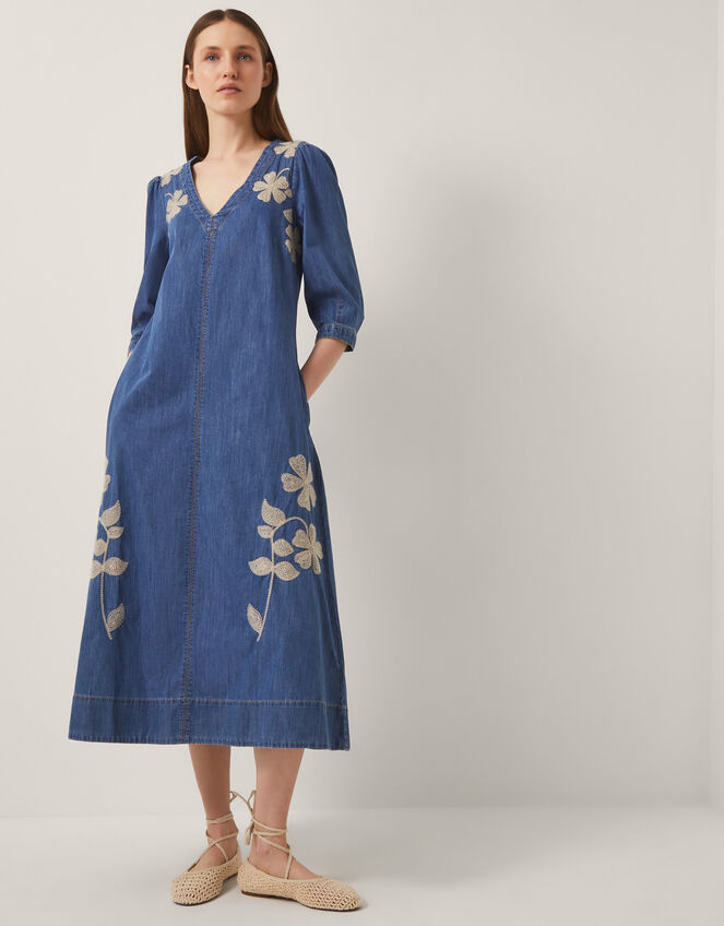Fallon Floral Embroidered Denim Midi Dress, Blue (DENIM BLUE), large
