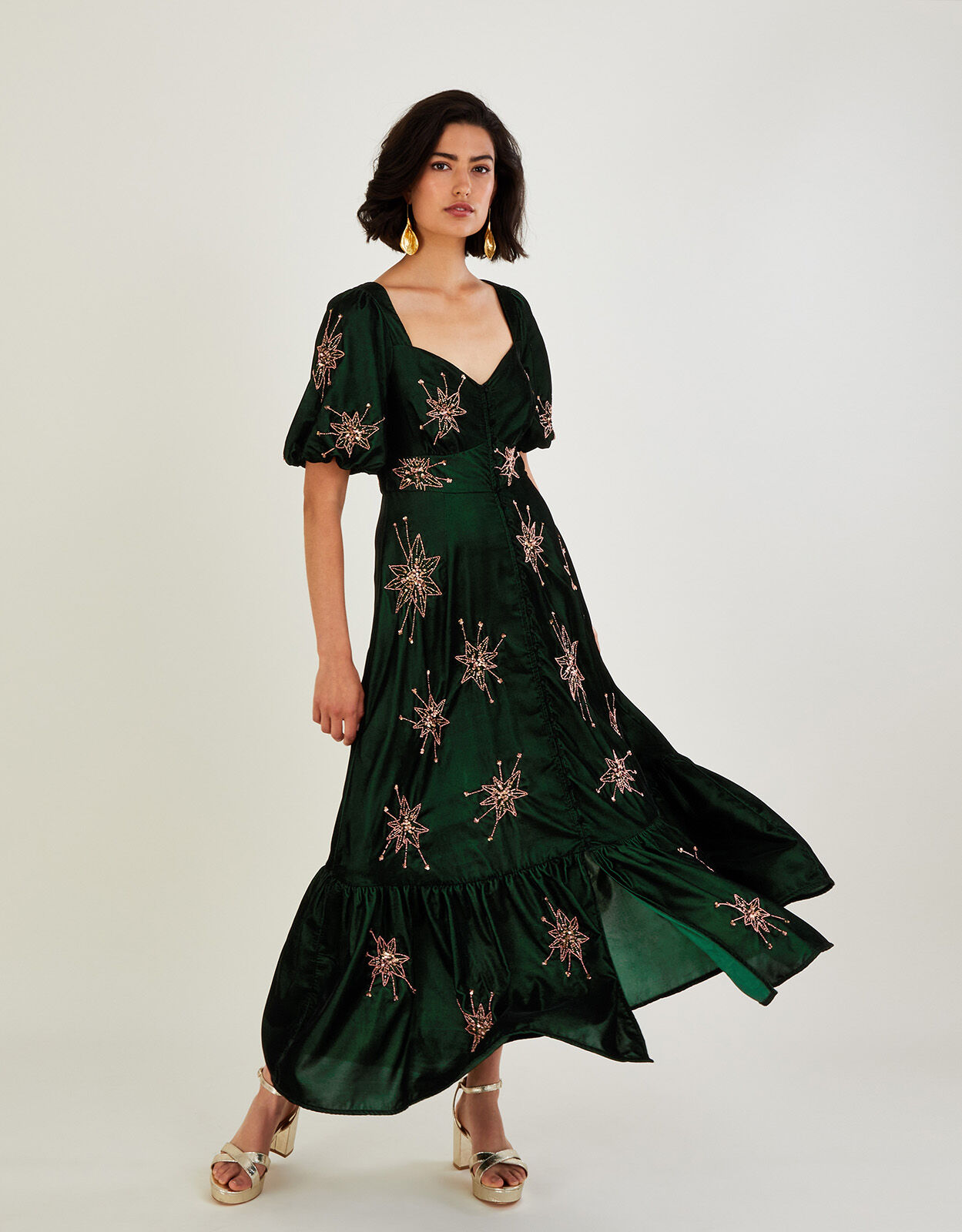 Veera Velvet Star Tea Dress Green