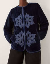 Delilah Embroidered Velvet Quilted Jacket, Blue (NAVY), large