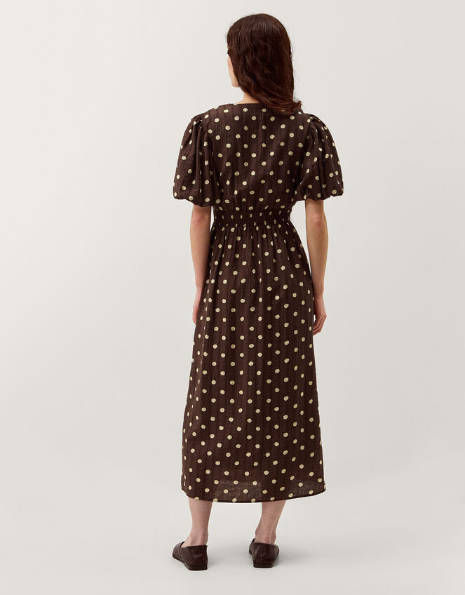Paris Puff Sleeve Polka Dot Midi Dress, Brown (CHOCOLATE), large