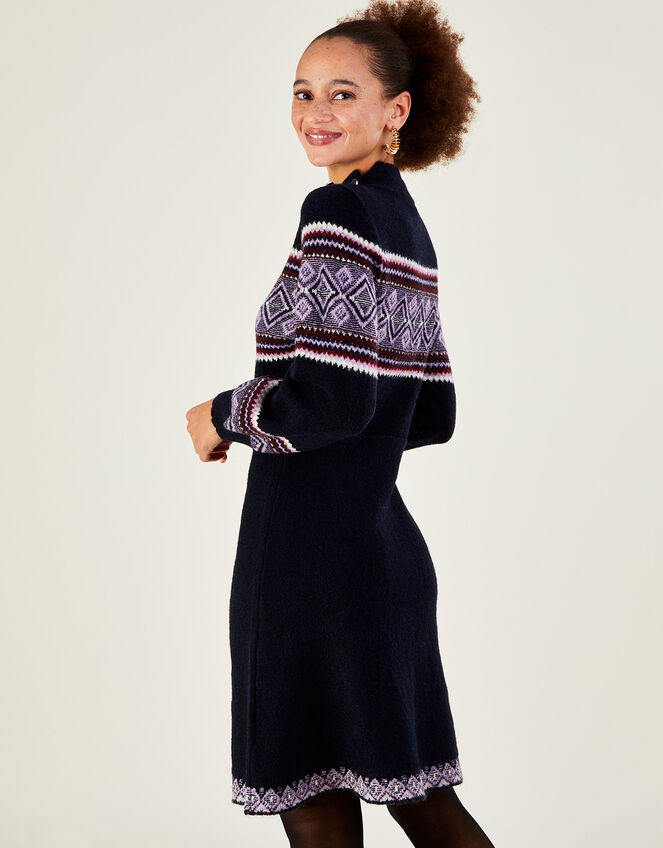 Fair Isle Short Knitted Dress with Recycled Polyester, Blue (BLUE), large