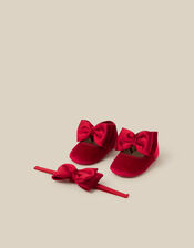 Baby Bow Velvet Booties & Headband Set, Red (RED), large