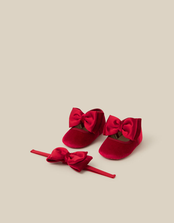 Baby Bow Velvet Booties & Headband Set, Red (RED), large