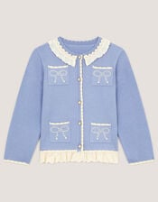 Pearl Bow Lace Trim Cardigan, Blue (BLUE), large
