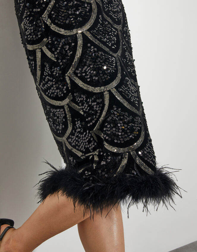 Sira Sequin Feather Pencil Skirt, Black (BLACK), large