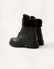 Faux Fur Trim Biker Boots, Black (BLACK), large