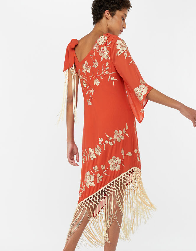Pasty Floral Embroidered Fringe Dress, Orange (CORAL), large