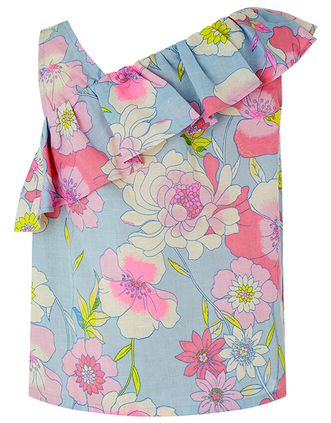 Octavia Floral Top in Linen and Organic Cotton, Blue (BLUE), large