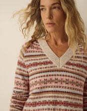 Fara V-Neck Fair Isle Jumper, Mink (MINK), large