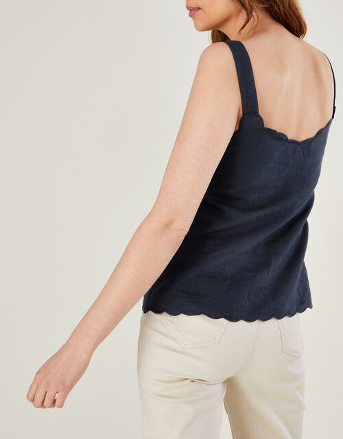 Scallop Plain Cami Top in Linen Blend, Blue (NAVY), large
