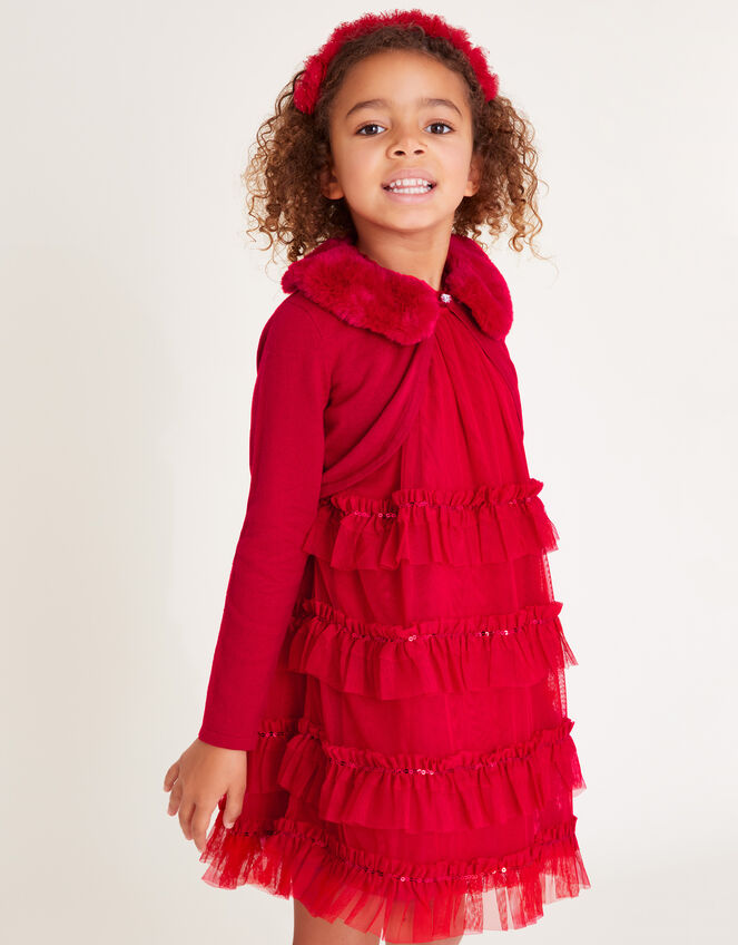 Super-Soft Faux Fur Collar Cardigan, Red (RED), large