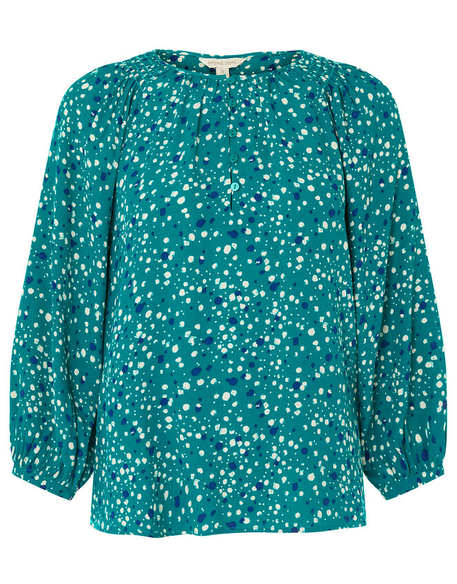 Printed Button Front Blouse, Green (GREEN), large