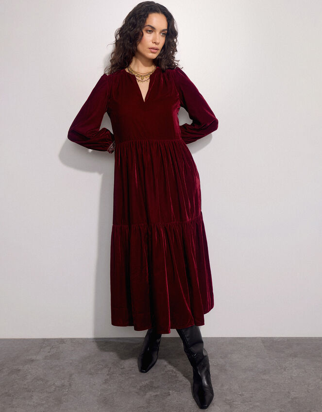 East Velvet Tiered Dress, Red (RED), large