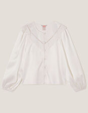 Embroidered Collar Satin Blouse, Ivory (IVORY), large