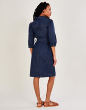 Denim V-Neck Belted Midi Dress, Blue (DENIM BLUE), large