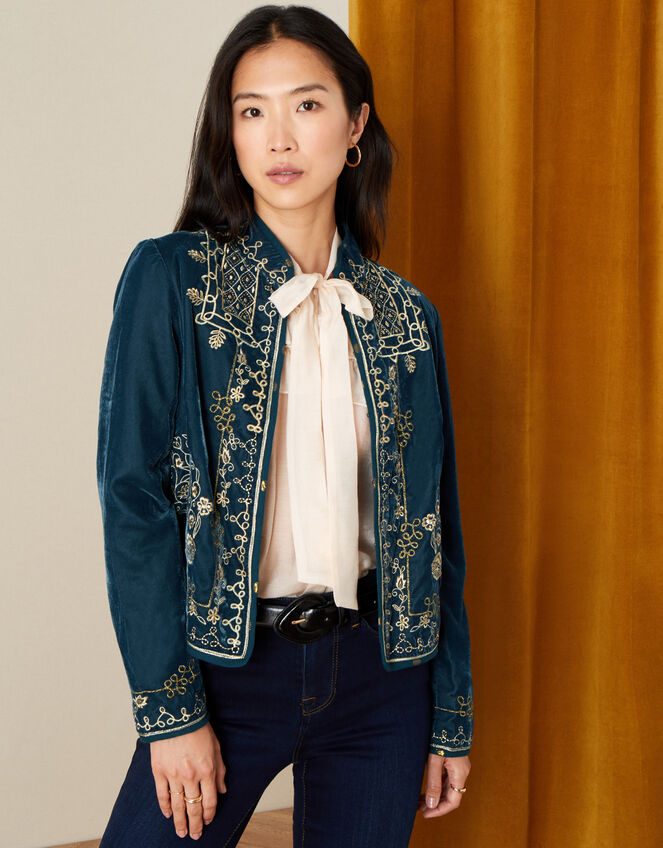 Embroidered Velvet Jacket, Teal (TEAL), large
