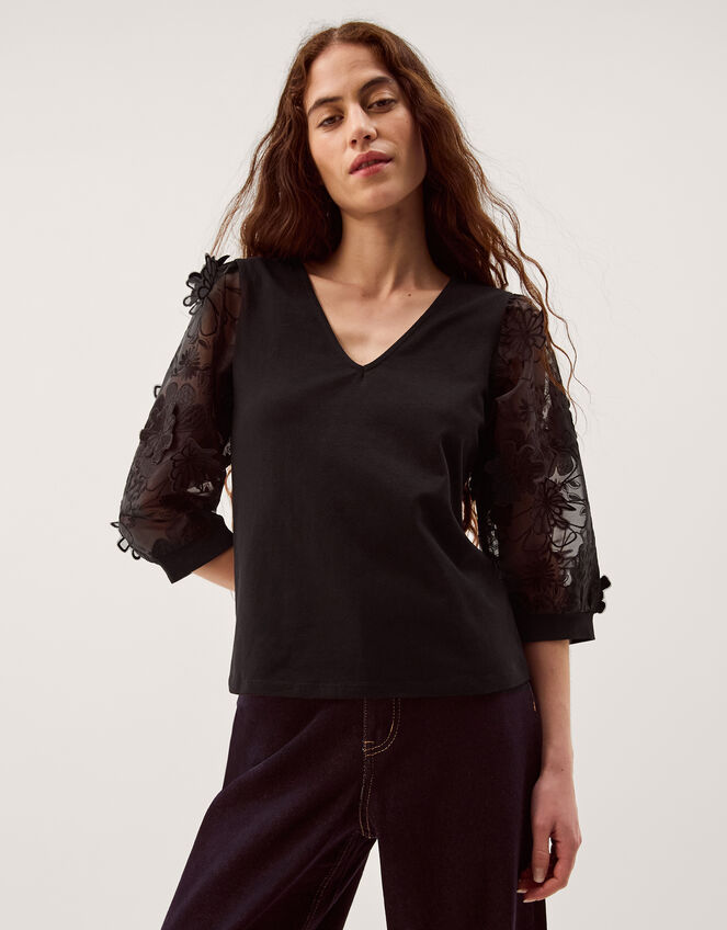 Fi Floral Appliqu&eacute; Jersey Top, Black (BLACK), large