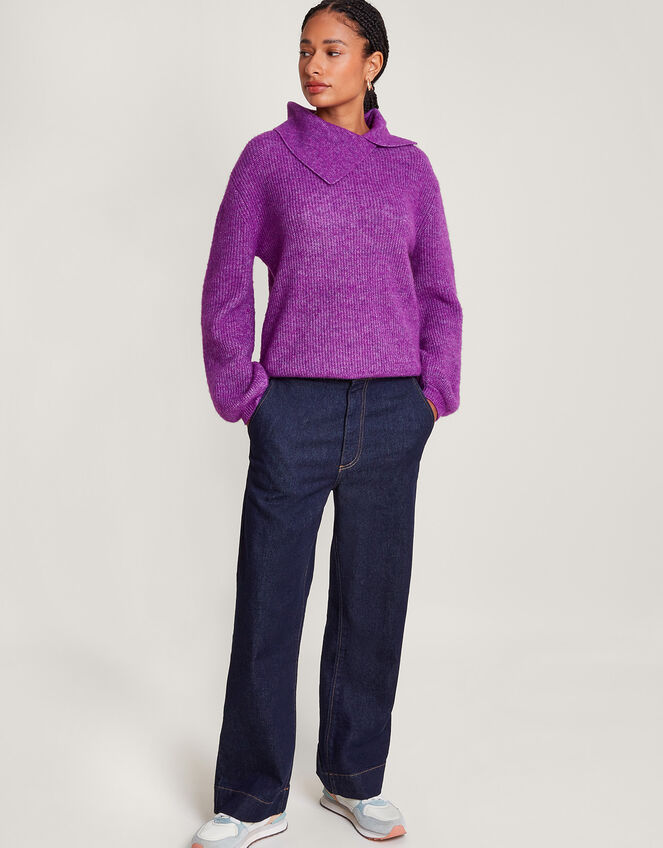 Super-Soft Rib Splice Neck Jumper with Recycled Polyester, Purple (PURPLE), large