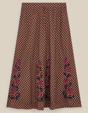 East Freya Embroidered Check Maxi Skirt, Brown (BROWN), large