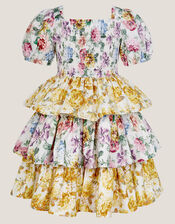 Floral Print Puff Sleeve Tiered Dress, Yellow (YELLOW), large