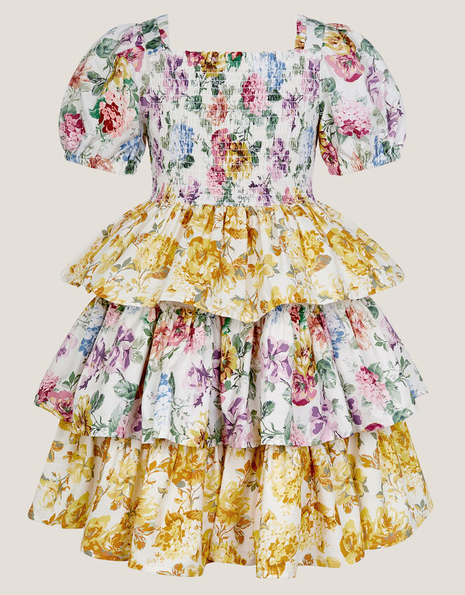Floral Print Puff Sleeve Tiered Dress, Yellow (YELLOW), large