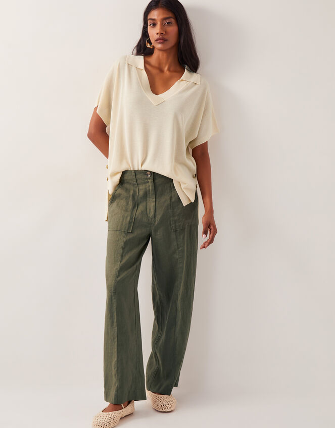 Linen Jolie Short Wide Leg Trousers, Green (KHAKI), large