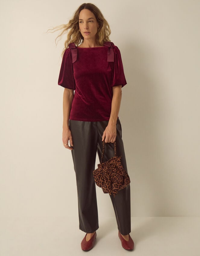 Vittoria Short Sleeve Bow Velvet Top, Red (BURGUNDY), large