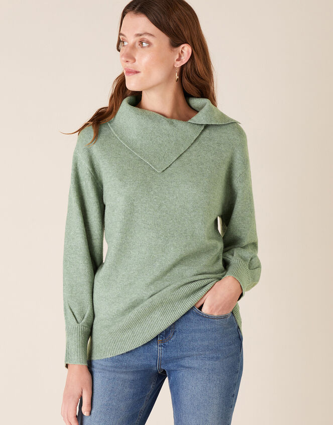 Split Neck Knit Jumper, Green (GREEN), large