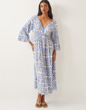 Cece V-Neck Woodblock Print Midi Dress, Blue (BLUE), large